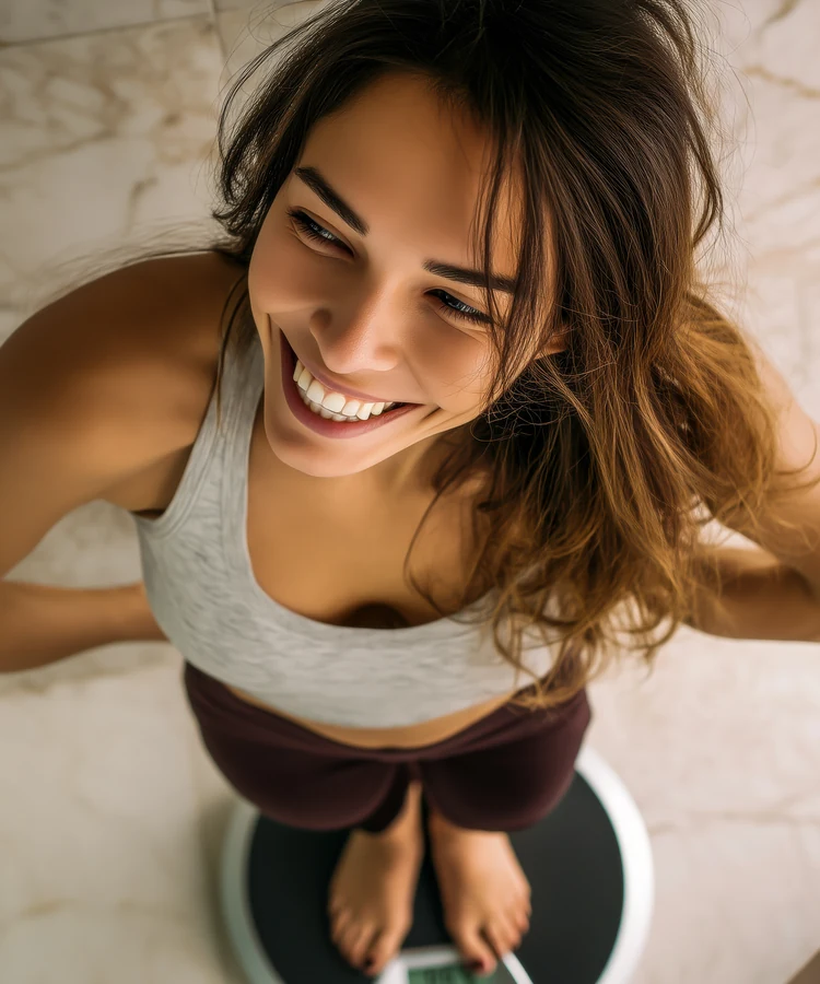 Happy woman in athletic wear smiling while standing on bathroom scale showing weight loss progress